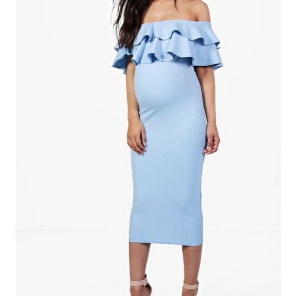 Boohoo Light Blue Off-Shoulder Ruffle Midi Dress
